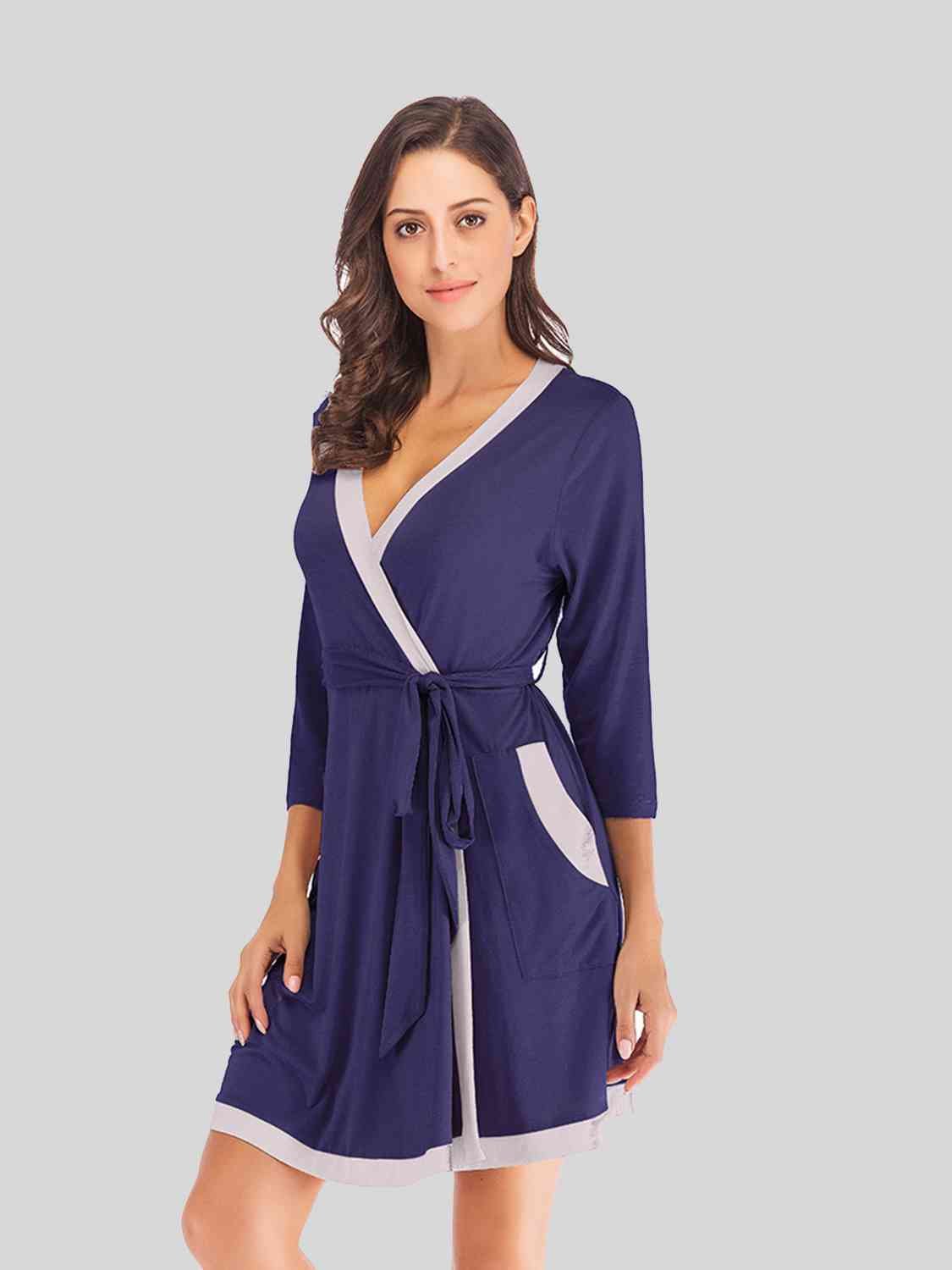 Tie Waist Surplice Neck Robe with Pockets - Robe - Navy - Bella Bourget