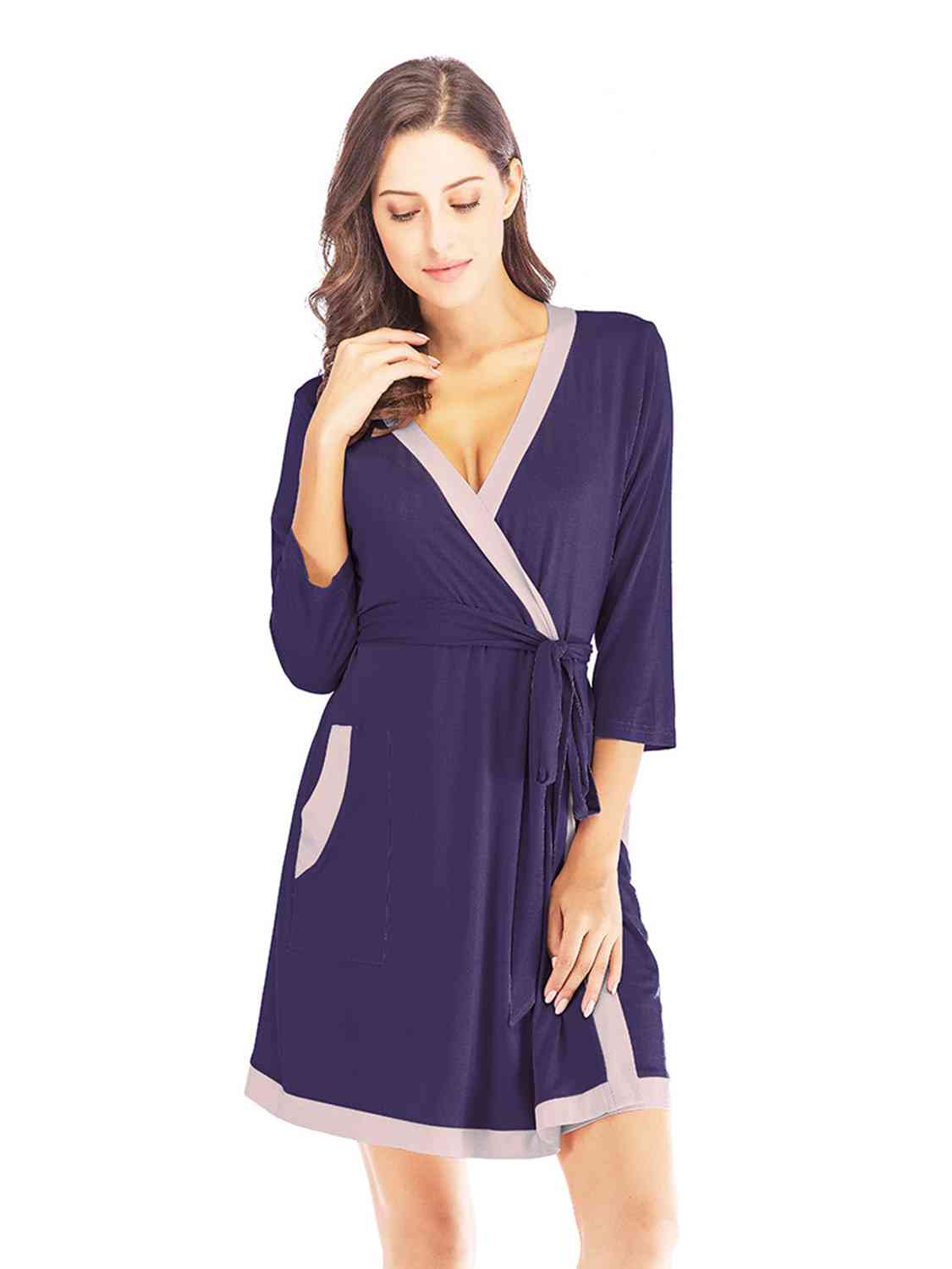 Tie Waist Surplice Neck Robe with Pockets - Robe - Navy - Bella Bourget