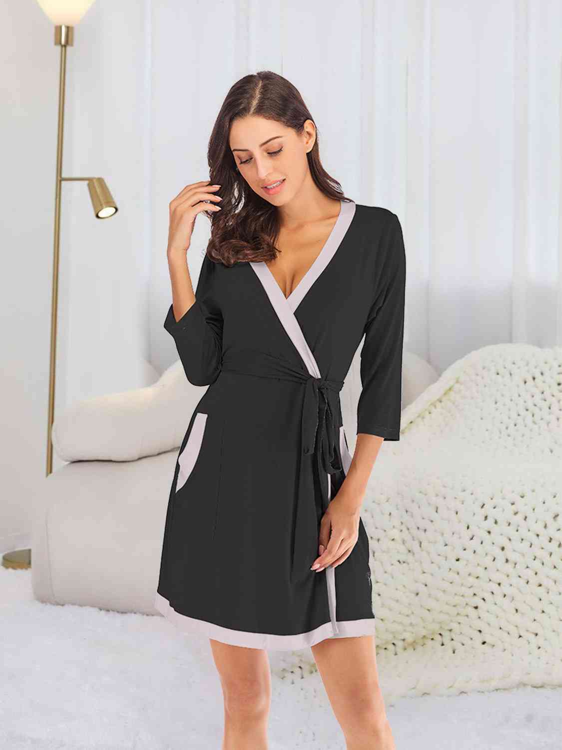 Tie Waist Surplice Neck Robe with Pockets - Robe - Black - Bella Bourget