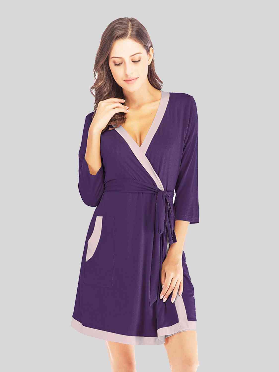 Tie Waist Surplice Neck Robe with Pockets - Robe - Violet - Bella Bourget