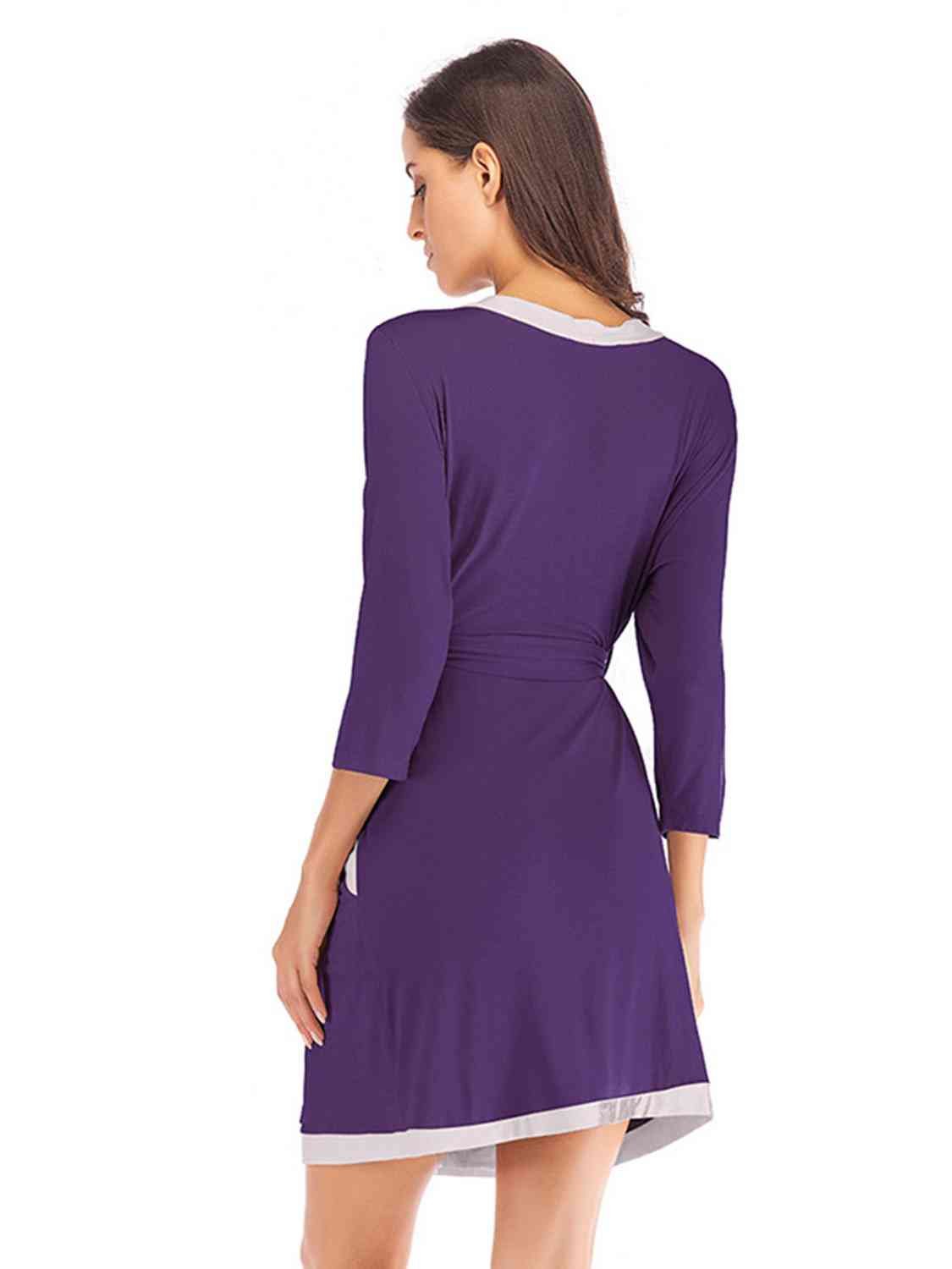 Tie Waist Surplice Neck Robe with Pockets - Robe - Violet - Bella Bourget