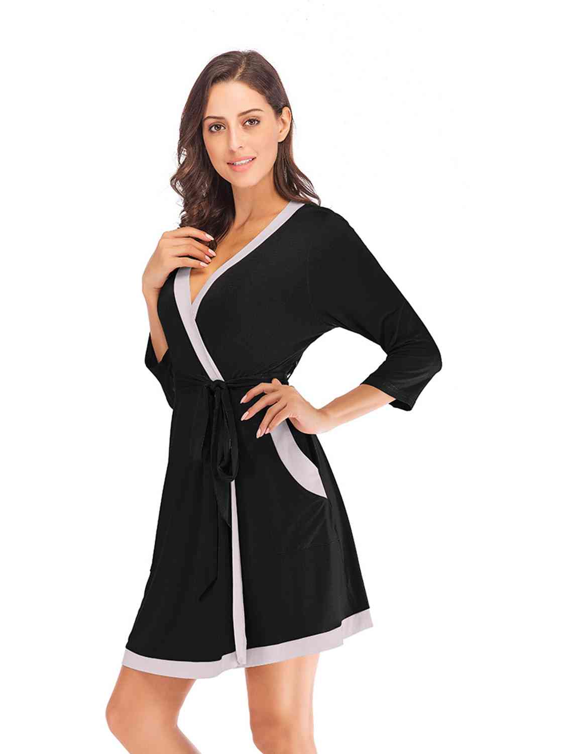 Tie Waist Surplice Neck Robe with Pockets - Robe - Black - Bella Bourget