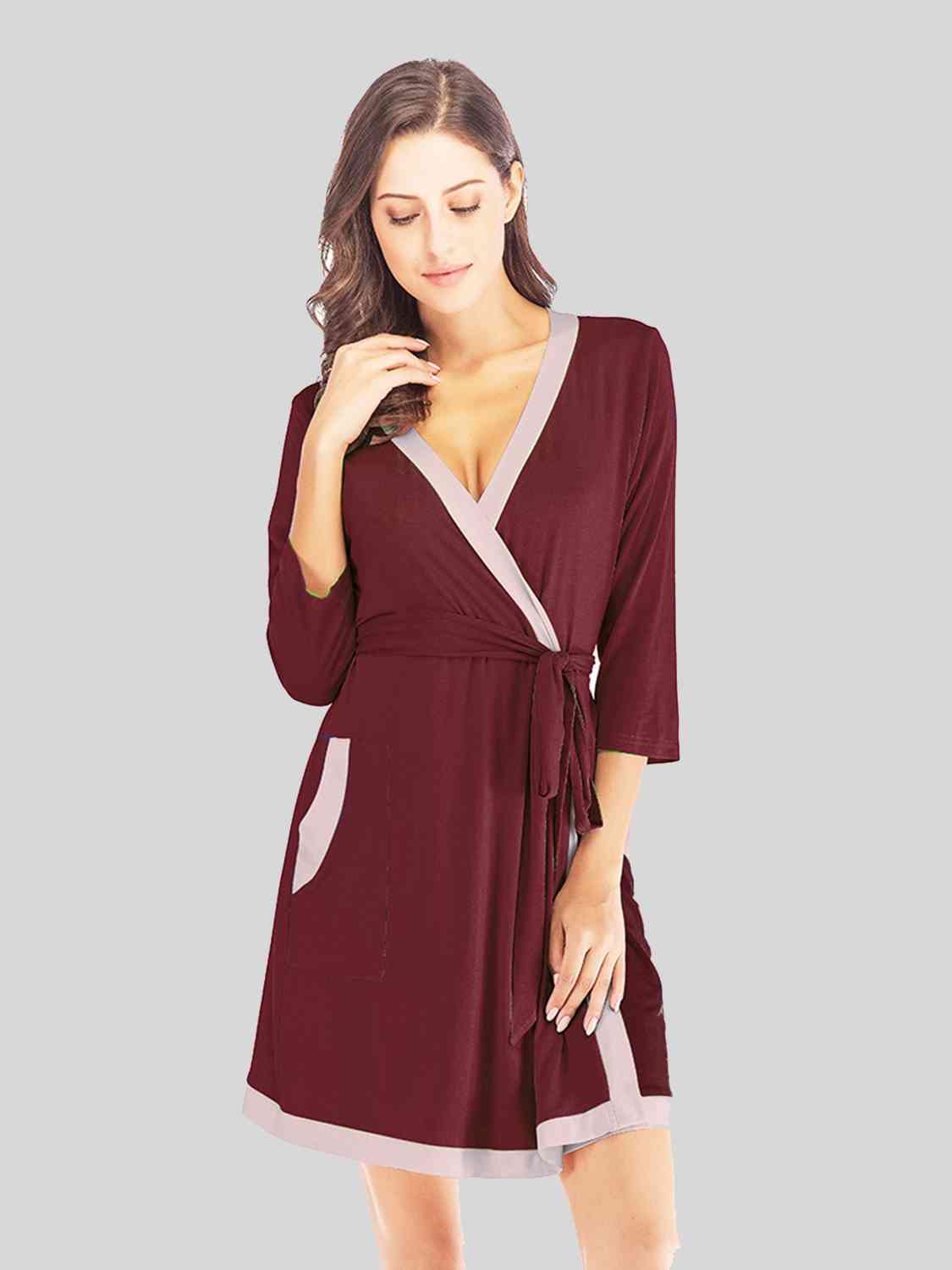 Tie Waist Surplice Neck Robe with Pockets - Robe - Wine - Bella Bourget