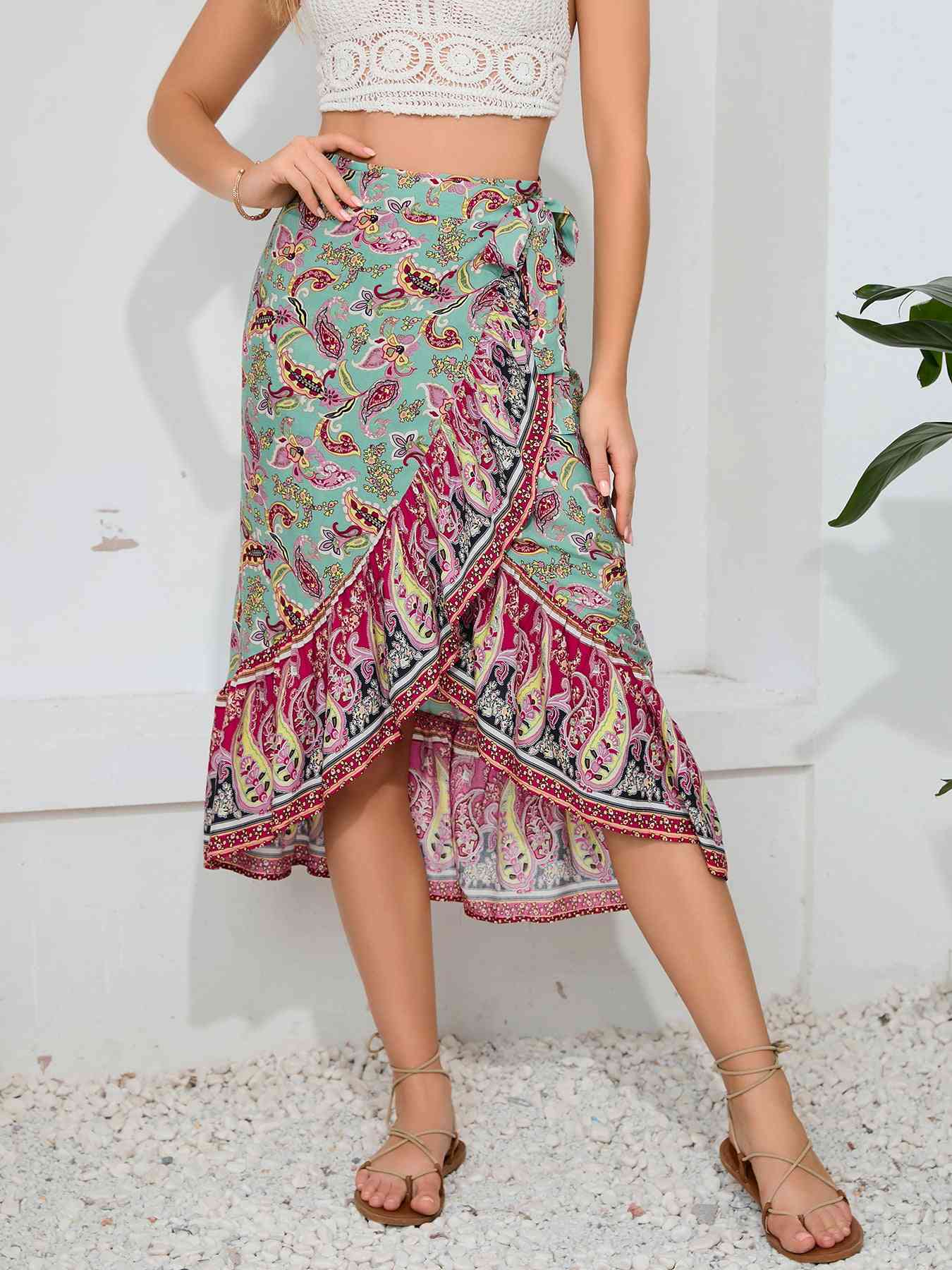 Tie Waistband Flounce Hem Midi Skirt - Skirt - Multicolor - Bella Bourget