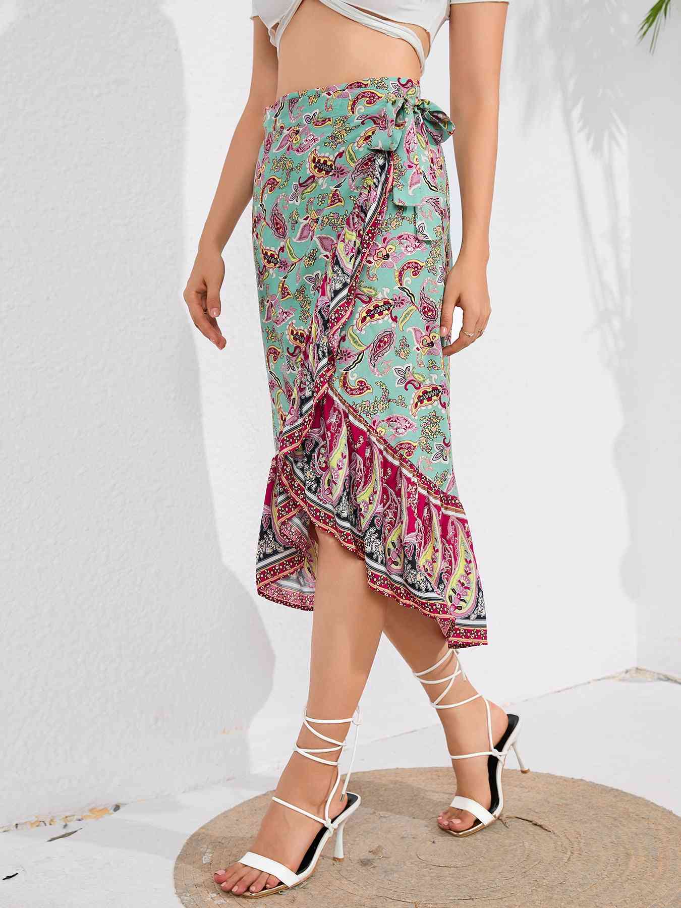 Tie Waistband Flounce Hem Midi Skirt - Skirt - Multicolor - Bella Bourget