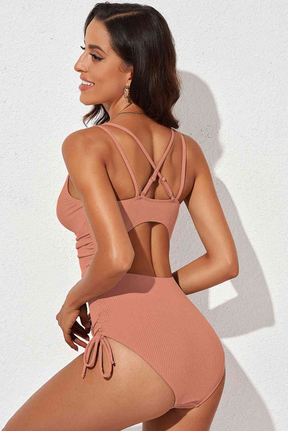 Tied Cutout Plunge One - Piece Swimsuit - One - Piece Swimsuit - Burnt Coral - Bella Bourget