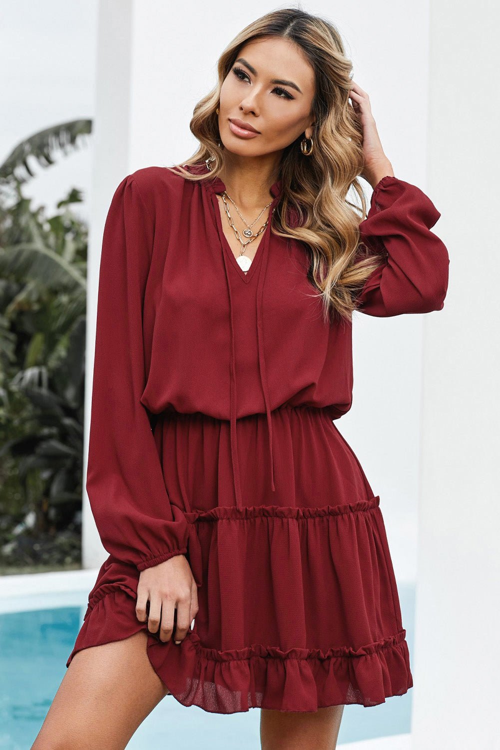 Tied Frill Trim Puff Sleeve Mini Dress - Dress - Wine - Bella Bourget