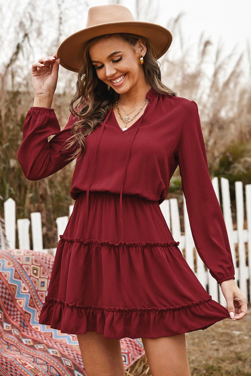 Tied Frill Trim Puff Sleeve Mini Dress - Dress - Wine - Bella Bourget