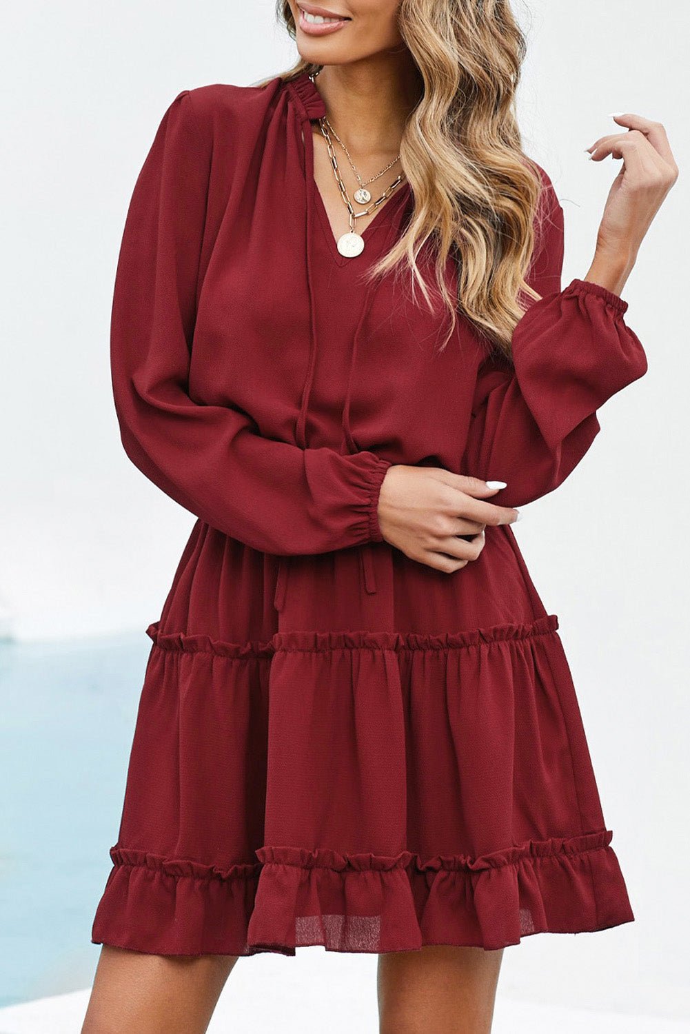 Tied Frill Trim Puff Sleeve Mini Dress - Dress - Wine - Bella Bourget