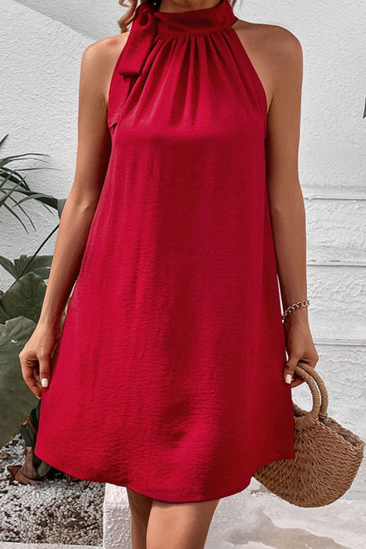 Tied Mock Neck Sleeveless Dress - Dress - Deep Red - Bella Bourget