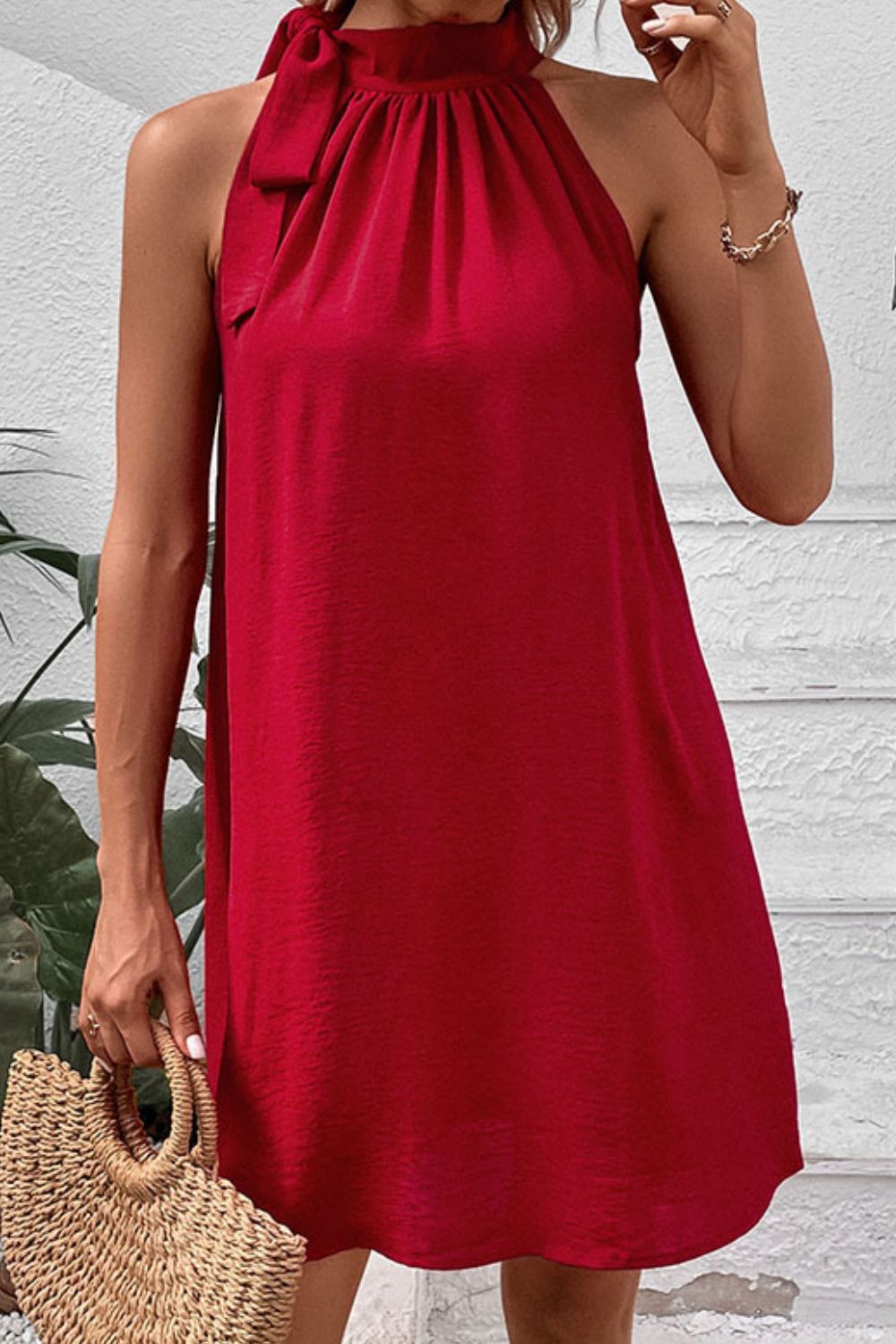 Tied Mock Neck Sleeveless Dress - Dress - Deep Red - Bella Bourget