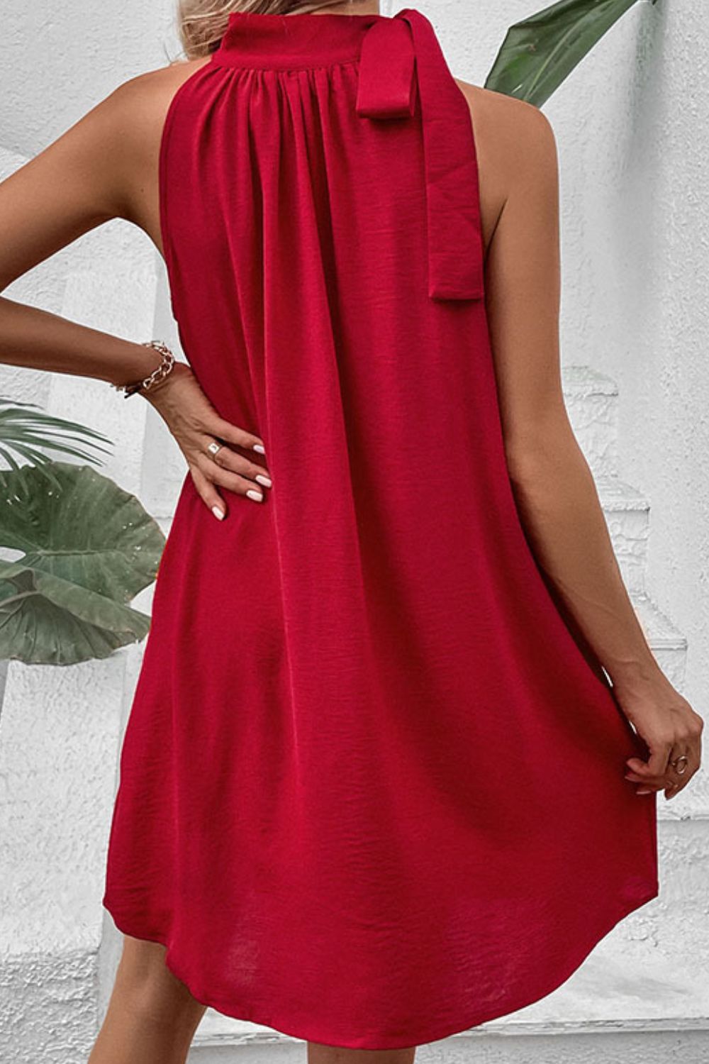 Tied Mock Neck Sleeveless Dress - Dress - Deep Red - Bella Bourget