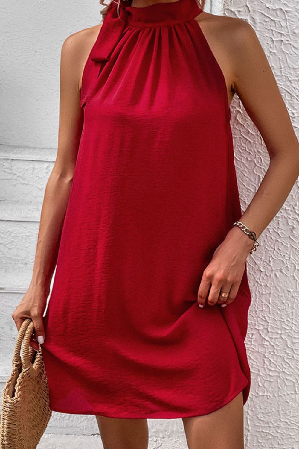 Tied Mock Neck Sleeveless Dress - Dress - Deep Red - Bella Bourget