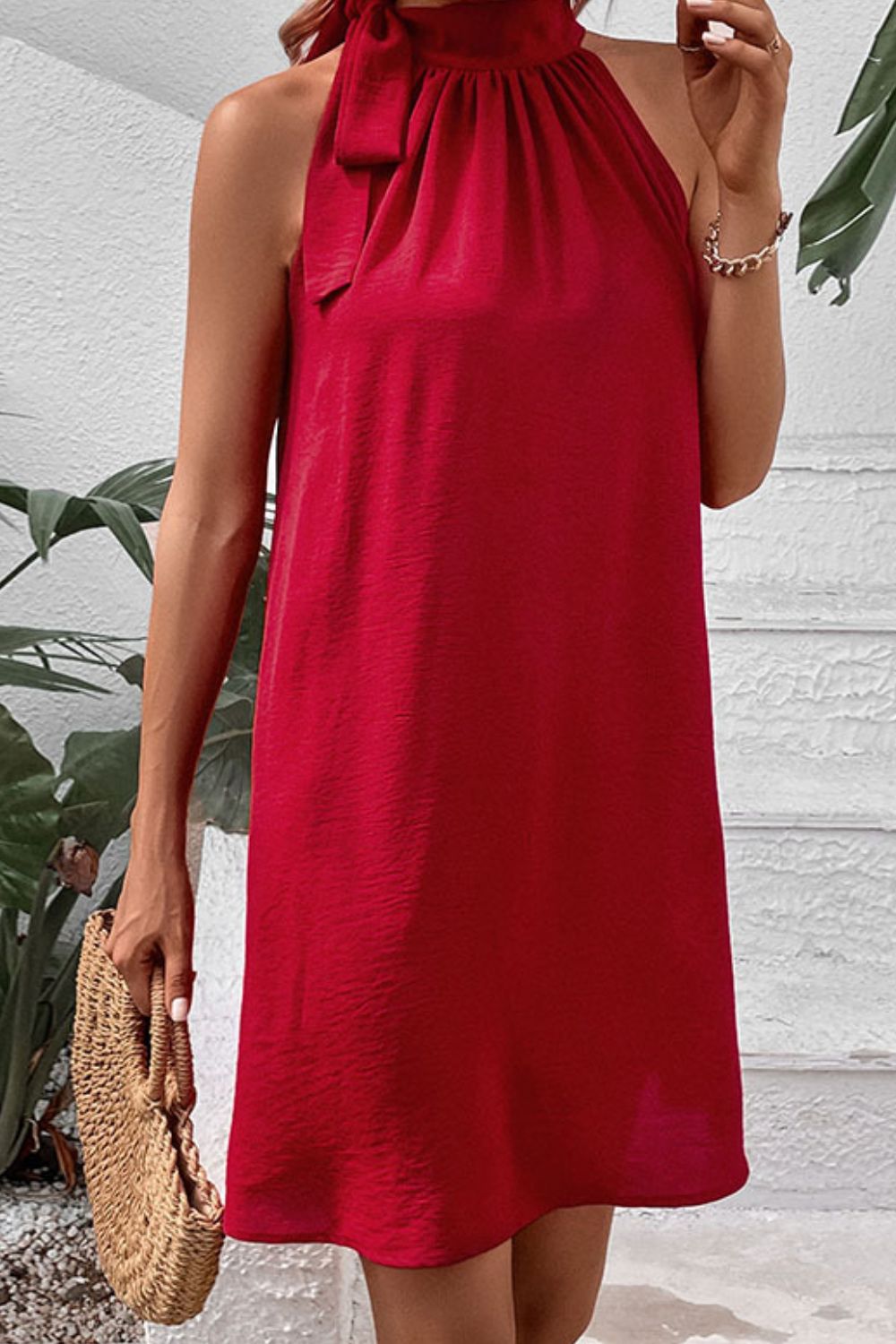 Tied Mock Neck Sleeveless Dress - Dress - Deep Red - Bella Bourget