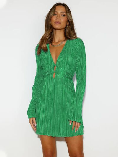 Tied Plunge Flare Sleeve Mini Dress - Dress - Mid Green - Bella Bourget