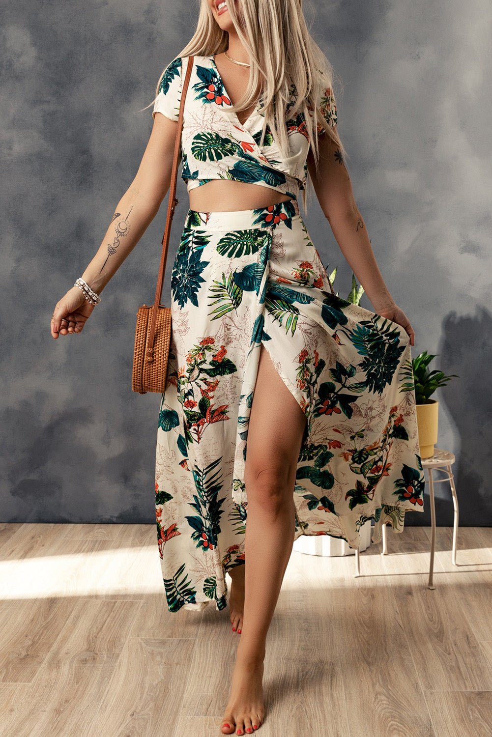 Tropical Print Crop Top and Maxi Skirt Set - Two - Piece Set - Apricot - Bella Bourget