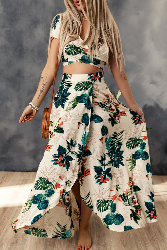 Tropical Print Crop Top and Maxi Skirt Set - Two - Piece Set - Apricot - Bella Bourget