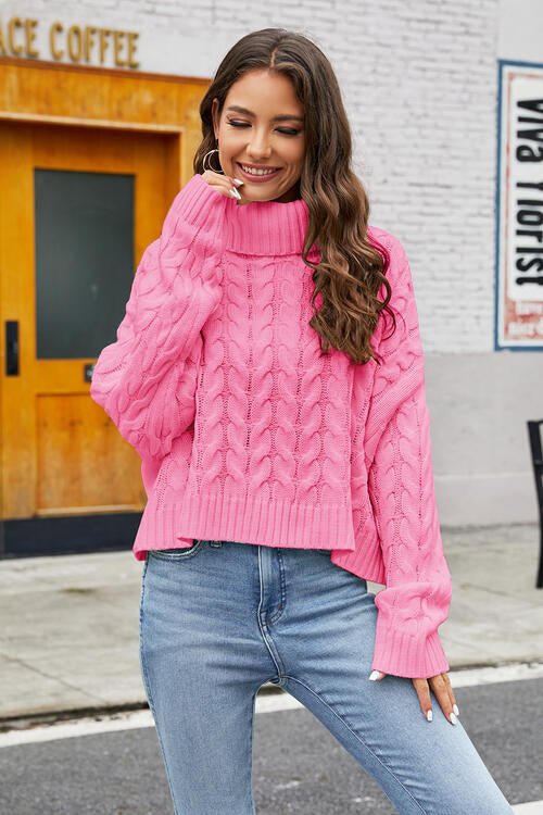 Turtleneck Cable - Knit Long Sleeve Sweater - Sweater - Hot Pink - Bella Bourget