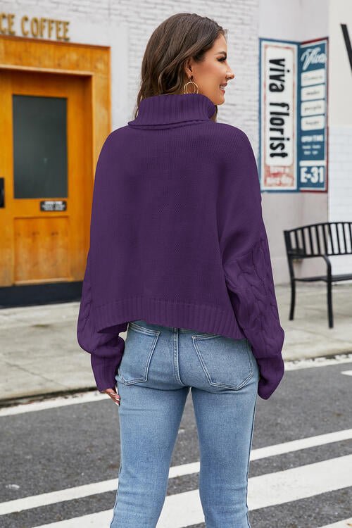 Turtleneck Cable - Knit Long Sleeve Sweater - Sweater - Plum - Bella Bourget