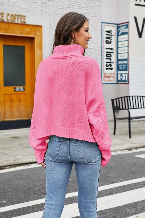 Turtleneck Cable - Knit Long Sleeve Sweater - Sweater - Hot Pink - Bella Bourget