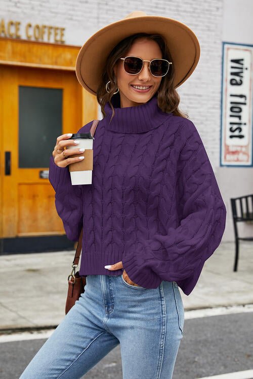 Turtleneck Cable - Knit Long Sleeve Sweater - Sweater - Plum - Bella Bourget