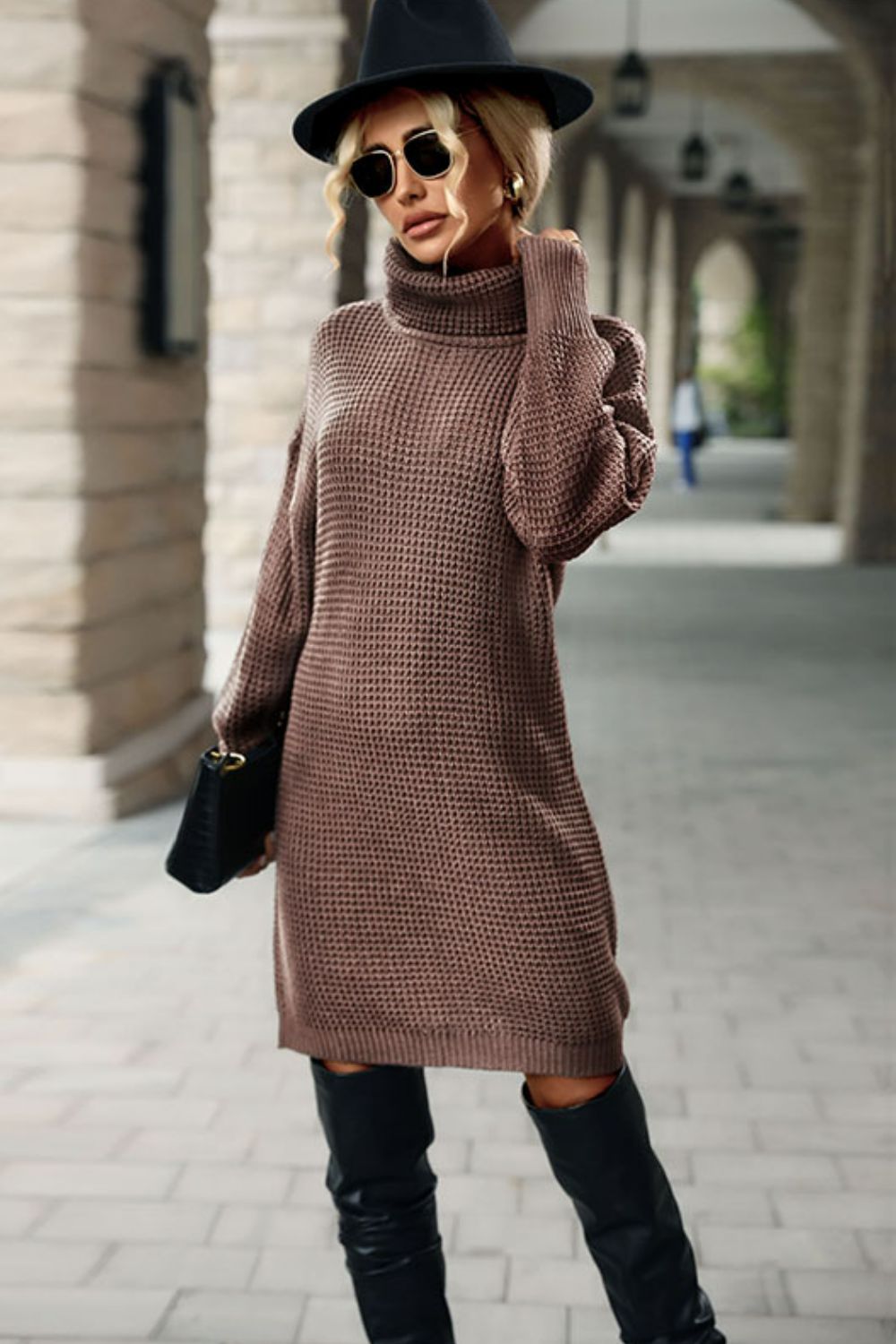 Turtleneck Dropped Shoulder Mini Sweater Dress - Dress - Coffee - Bella Bourget