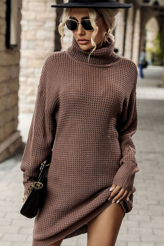 Turtleneck Dropped Shoulder Mini Sweater Dress - Dress - Coffee - Bella Bourget