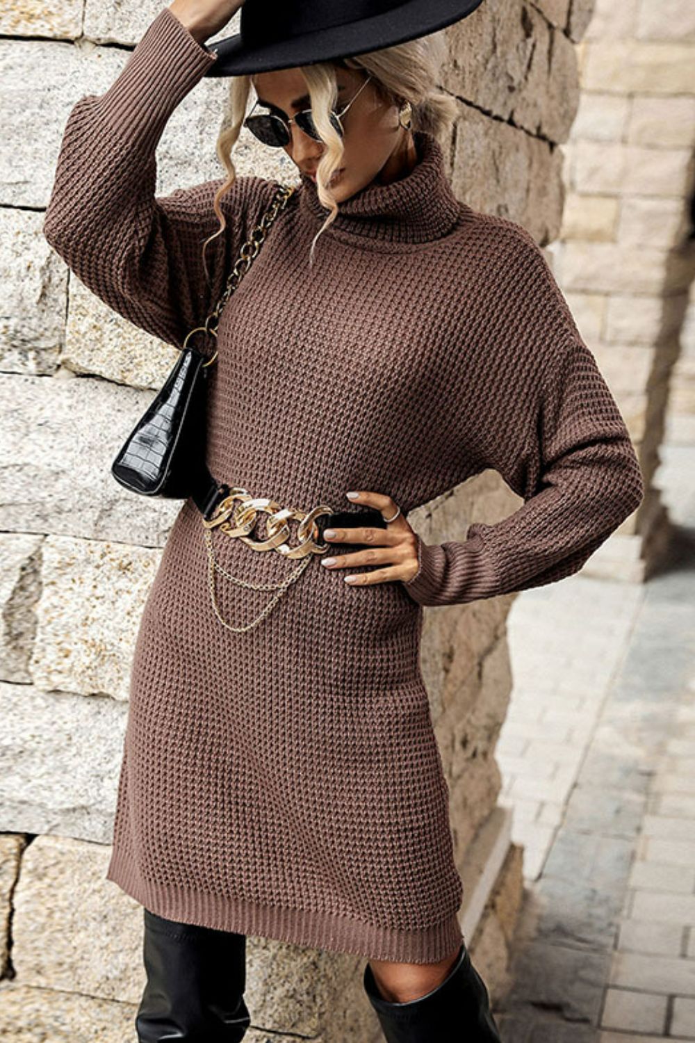 Turtleneck Dropped Shoulder Mini Sweater Dress - Dress - Coffee - Bella Bourget