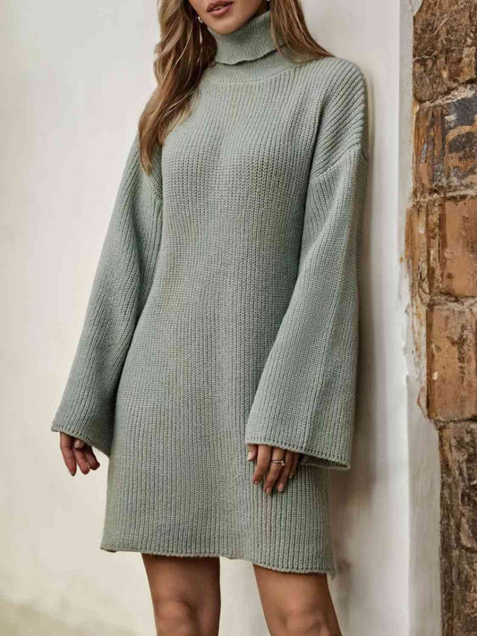 Turtleneck Dropped Shoulder Sweater Dress - Sage - Bella Bourget