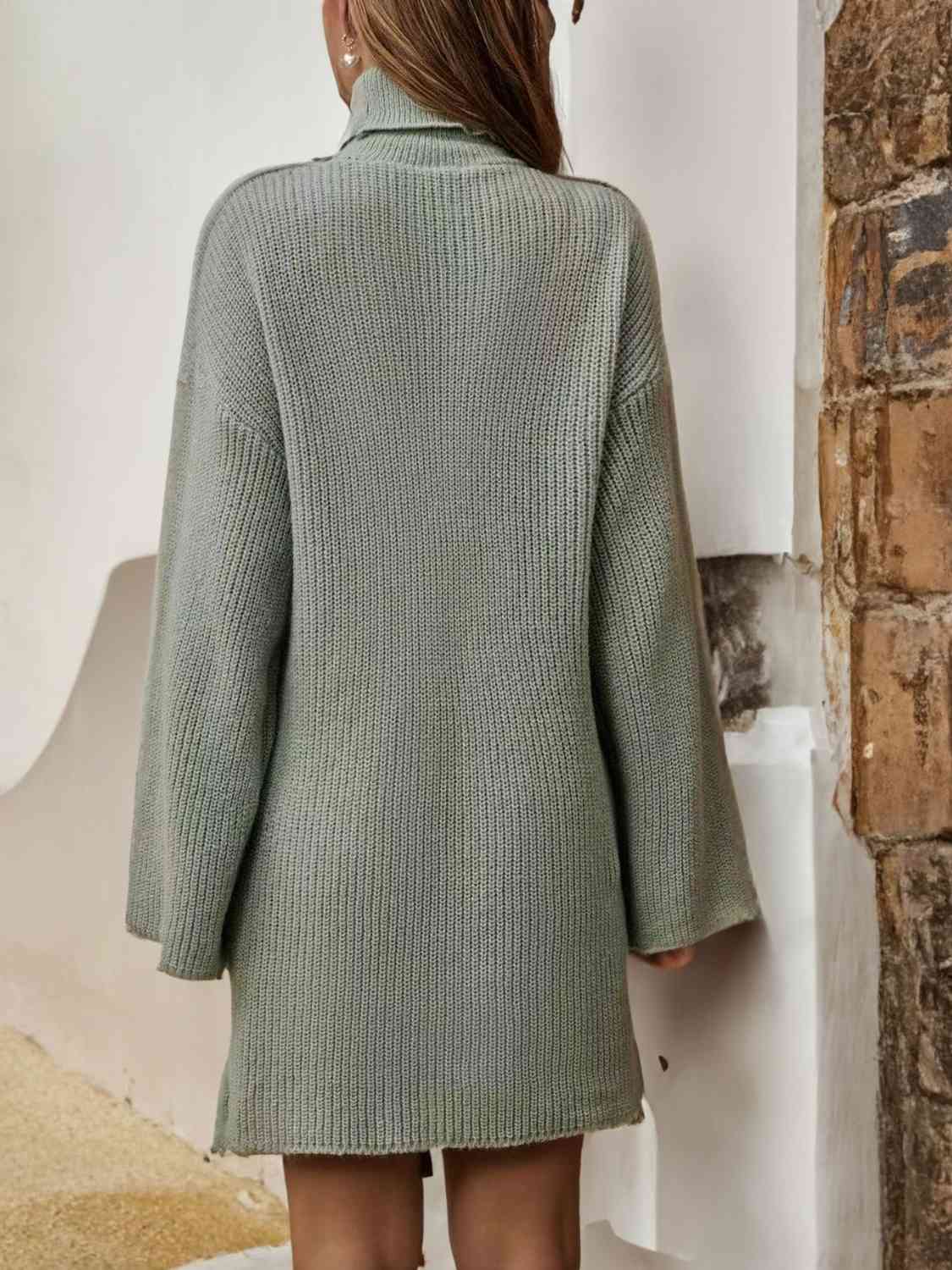 Turtleneck Dropped Shoulder Sweater Dress - Sage - Bella Bourget