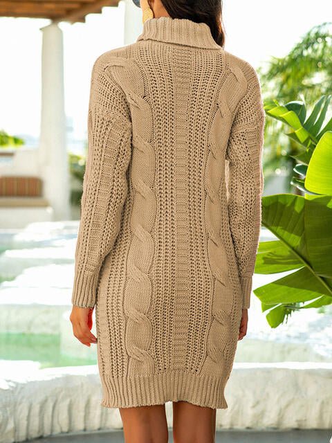 Turtleneck Ribbed Sweater Dress - Sweater Dress - Tan - Bella Bourget