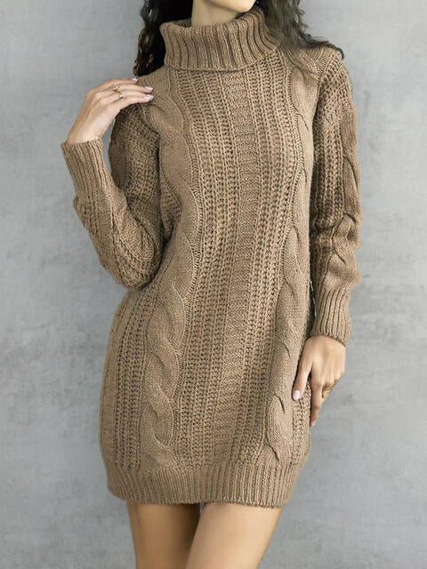 Turtleneck Ribbed Sweater Dress - Sweater Dress - Camel - Bella Bourget