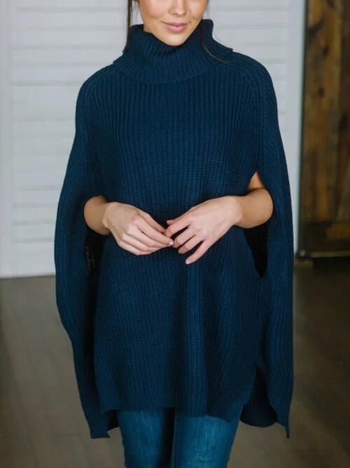 Turtleneck Slit Sweater - Sweater - Deep Teal - Bella Bourget