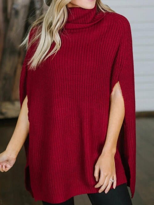 Turtleneck Slit Sweater - Sweater - Brick Red - Bella Bourget