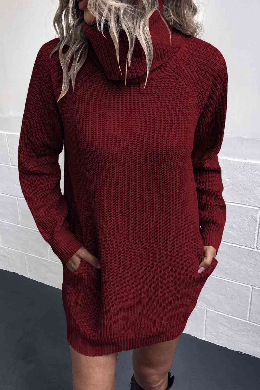 Turtleneck Sweater Dress with Pockets - Sweater Dress - Wine - Bella Bourget