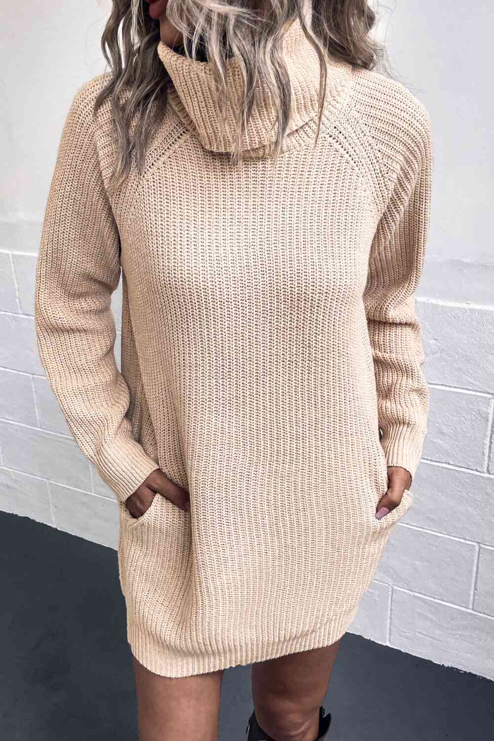 Turtleneck Sweater Dress with Pockets - Sweater Dress - Beige - Bella Bourget