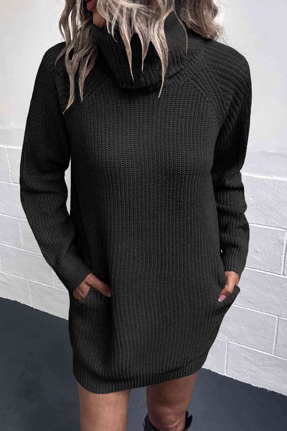 Turtleneck Sweater Dress with Pockets - Sweater Dress - Black - Bella Bourget