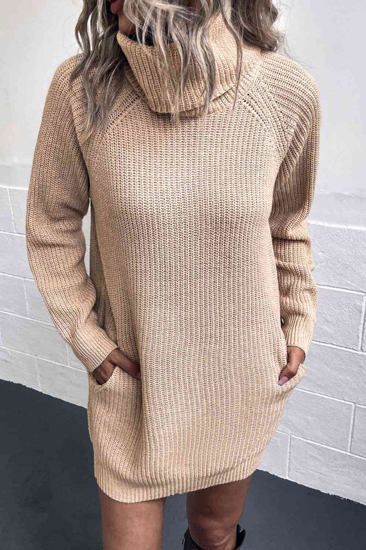 Turtleneck Sweater Dress with Pockets - Sweater Dress - Sand - Bella Bourget