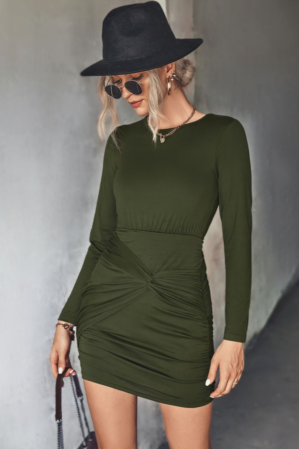 Twist Front Ruched Long Sleeve Mini Dress - Dress - Army Green - Bella Bourget