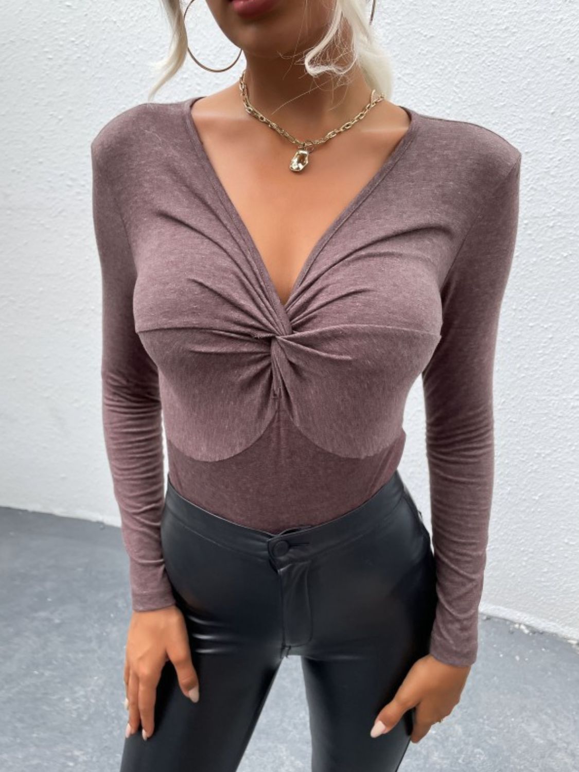 Twist Front V - Neck Long Sleeve Bodysuit - Bodysuit - Mocha - Bella Bourget