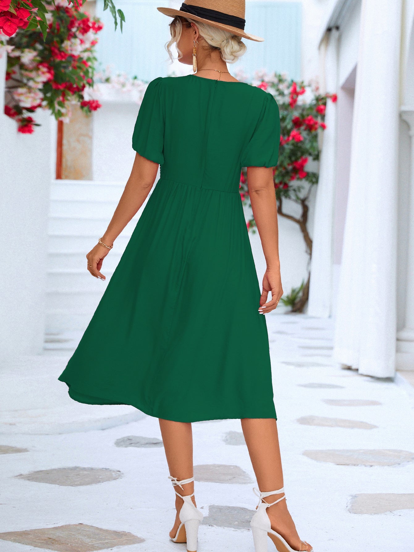 Twisted Short Puff Sleeve V - Neck Dress - Dress - Green - Bella Bourget