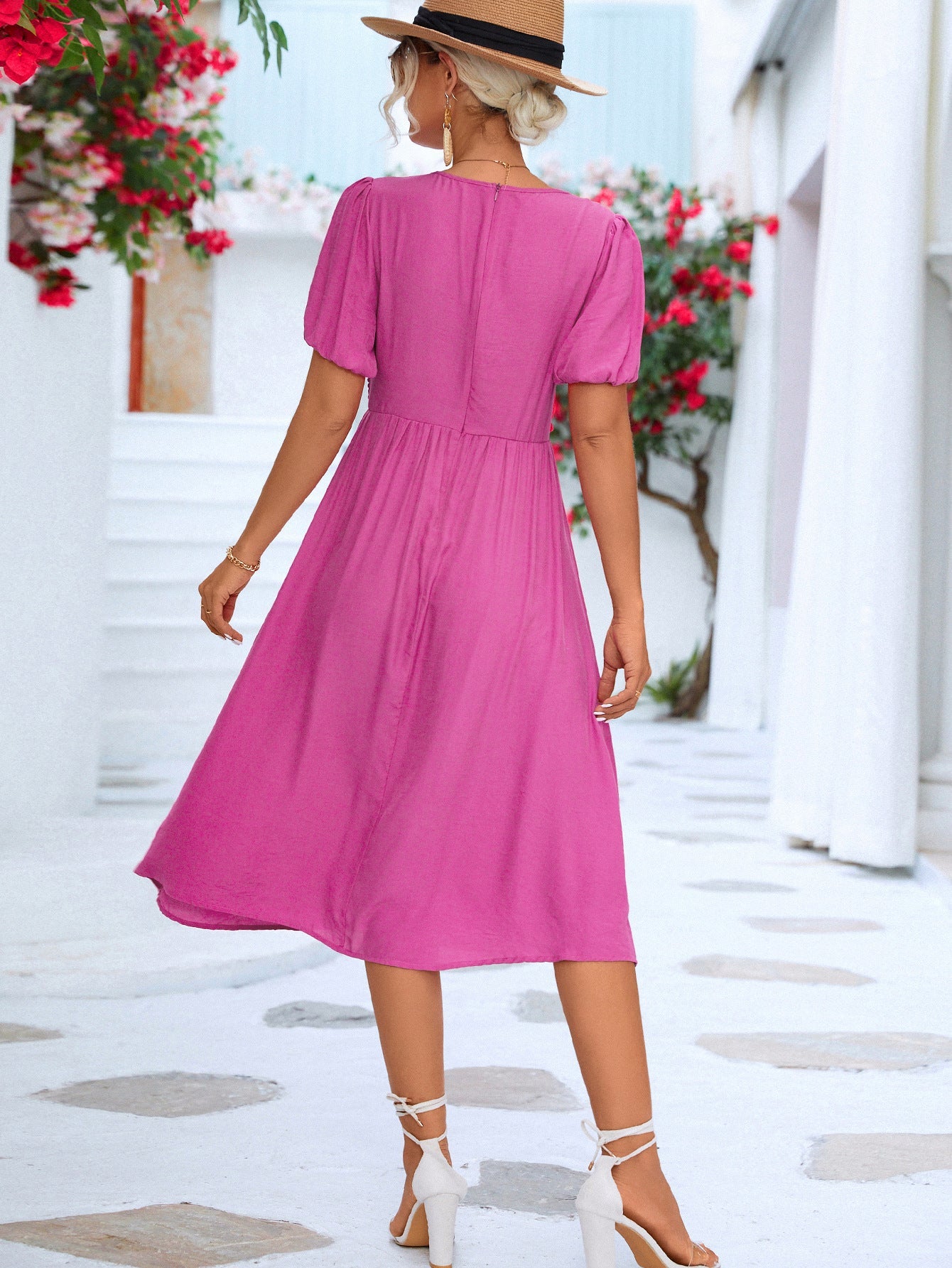 Twisted Short Puff Sleeve V - Neck Dress - Dress - Fuchsia Pink - Bella Bourget