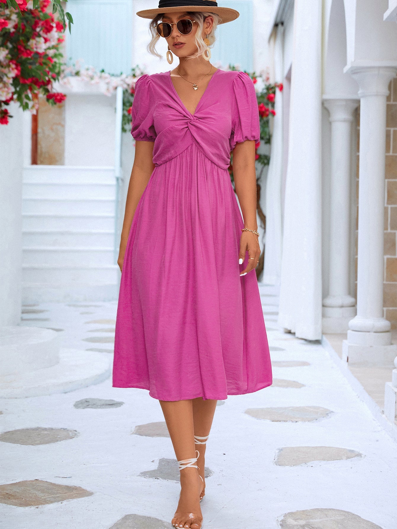 Twisted Short Puff Sleeve V - Neck Dress - Dress - Fuchsia Pink - Bella Bourget