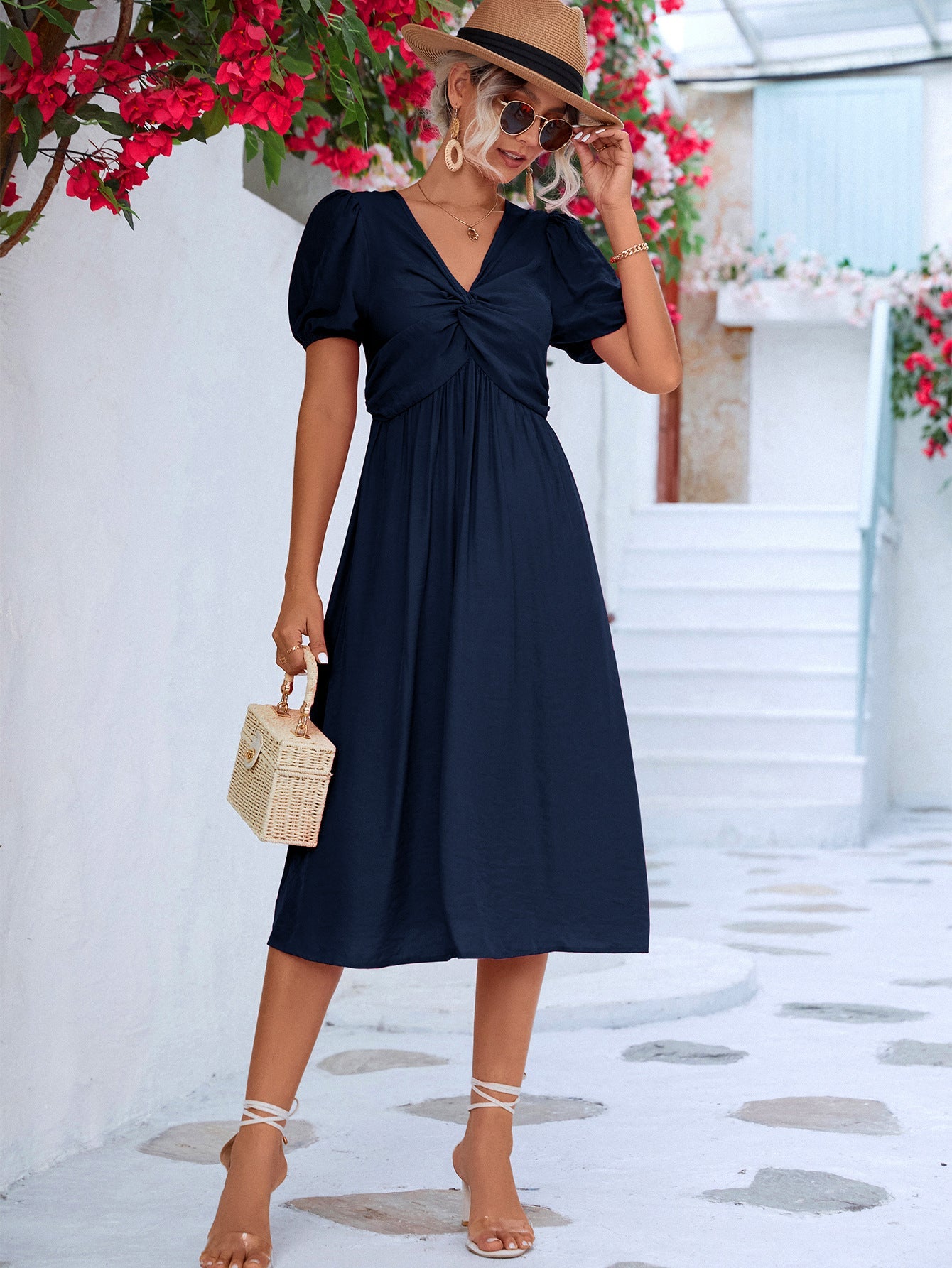 Twisted Short Puff Sleeve V - Neck Dress - Dress - Navy - Bella Bourget