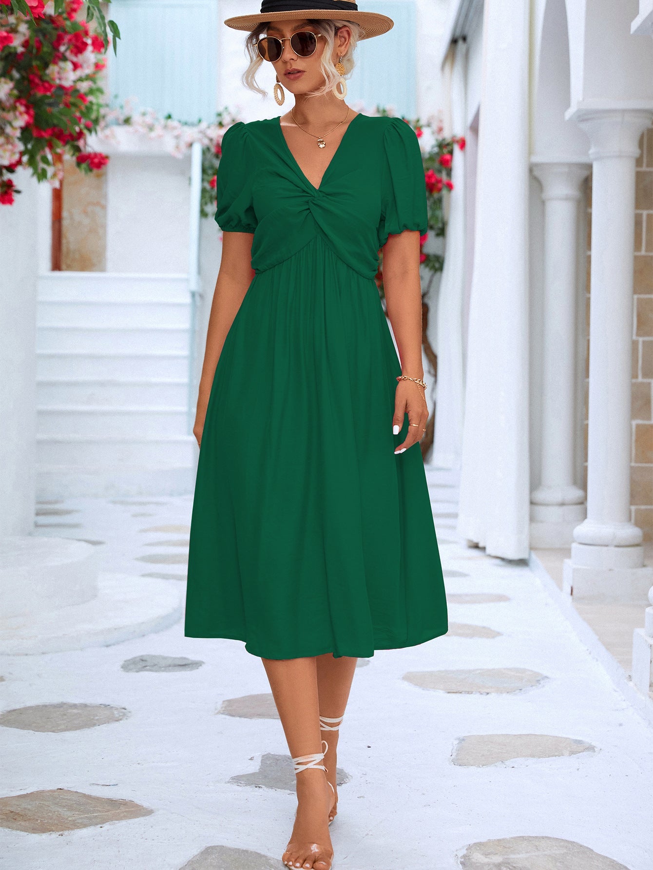 Twisted Short Puff Sleeve V - Neck Dress - Dress - Green - Bella Bourget