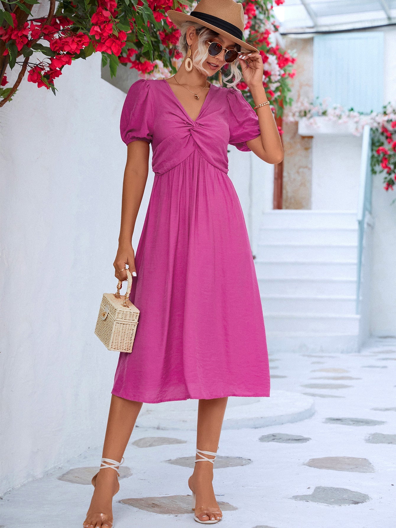 Twisted Short Puff Sleeve V - Neck Dress - Dress - Fuchsia Pink - Bella Bourget