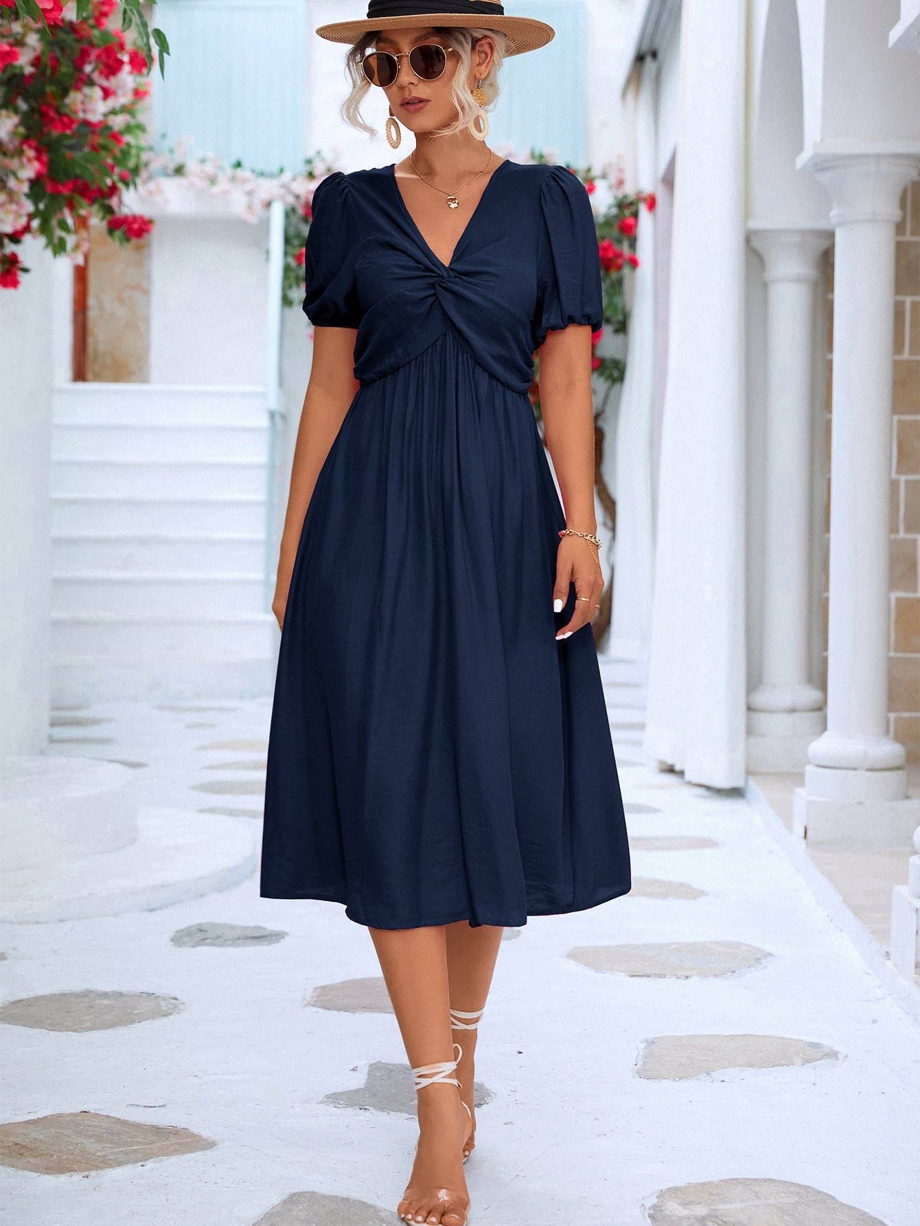 Twisted Short Puff Sleeve V - Neck Dress - Dress - Navy - Bella Bourget