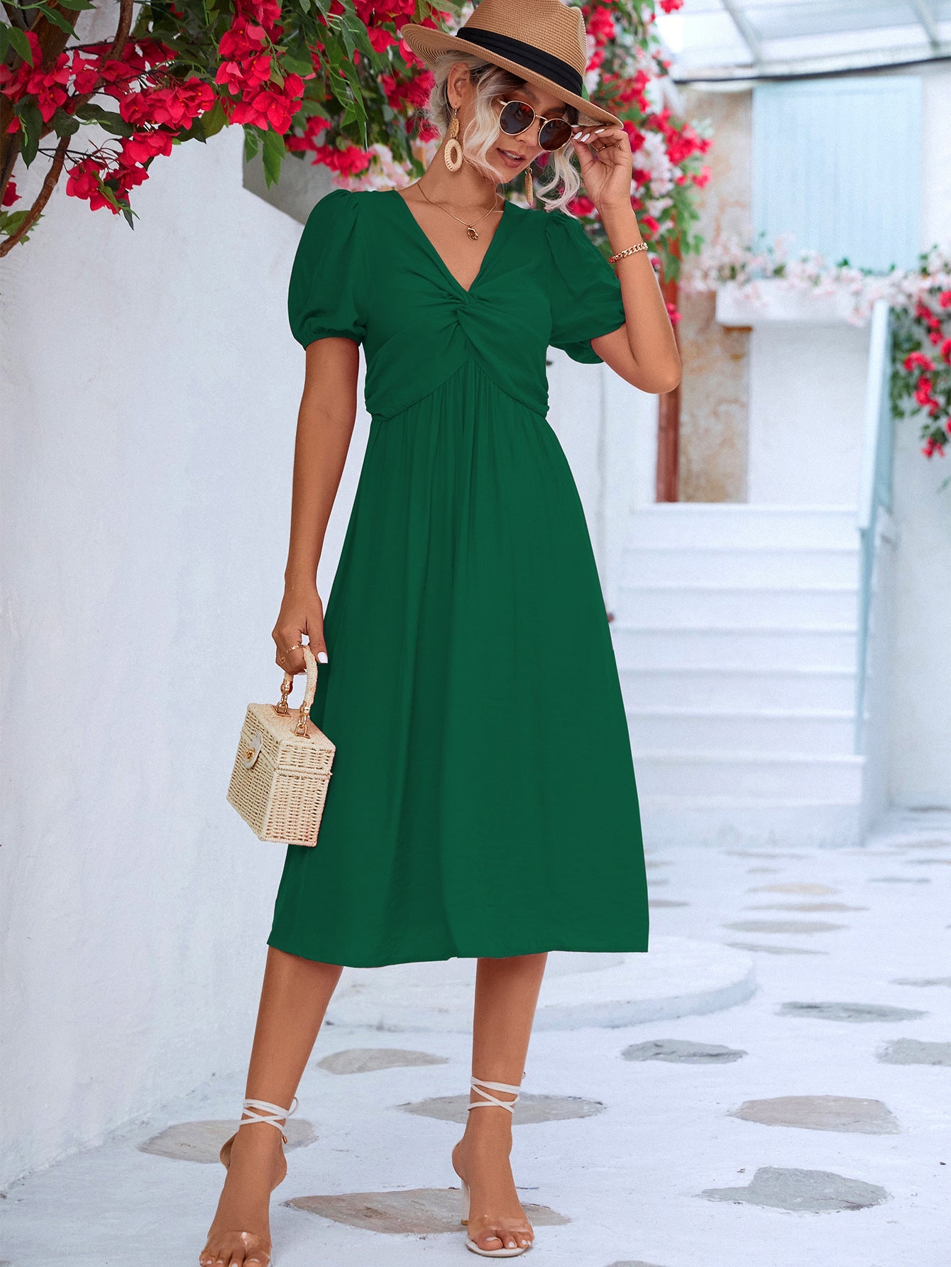 Twisted Short Puff Sleeve V - Neck Dress - Dress - Green - Bella Bourget