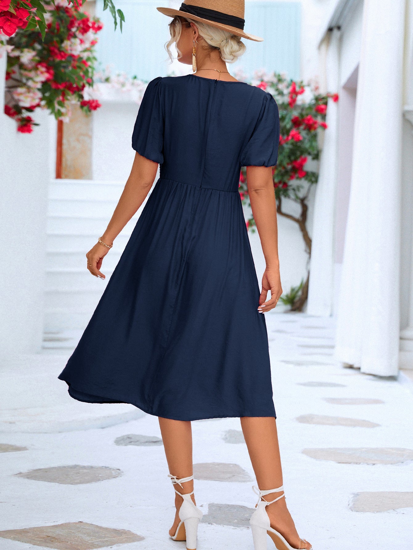 Twisted Short Puff Sleeve V - Neck Dress - Dress - Navy - Bella Bourget