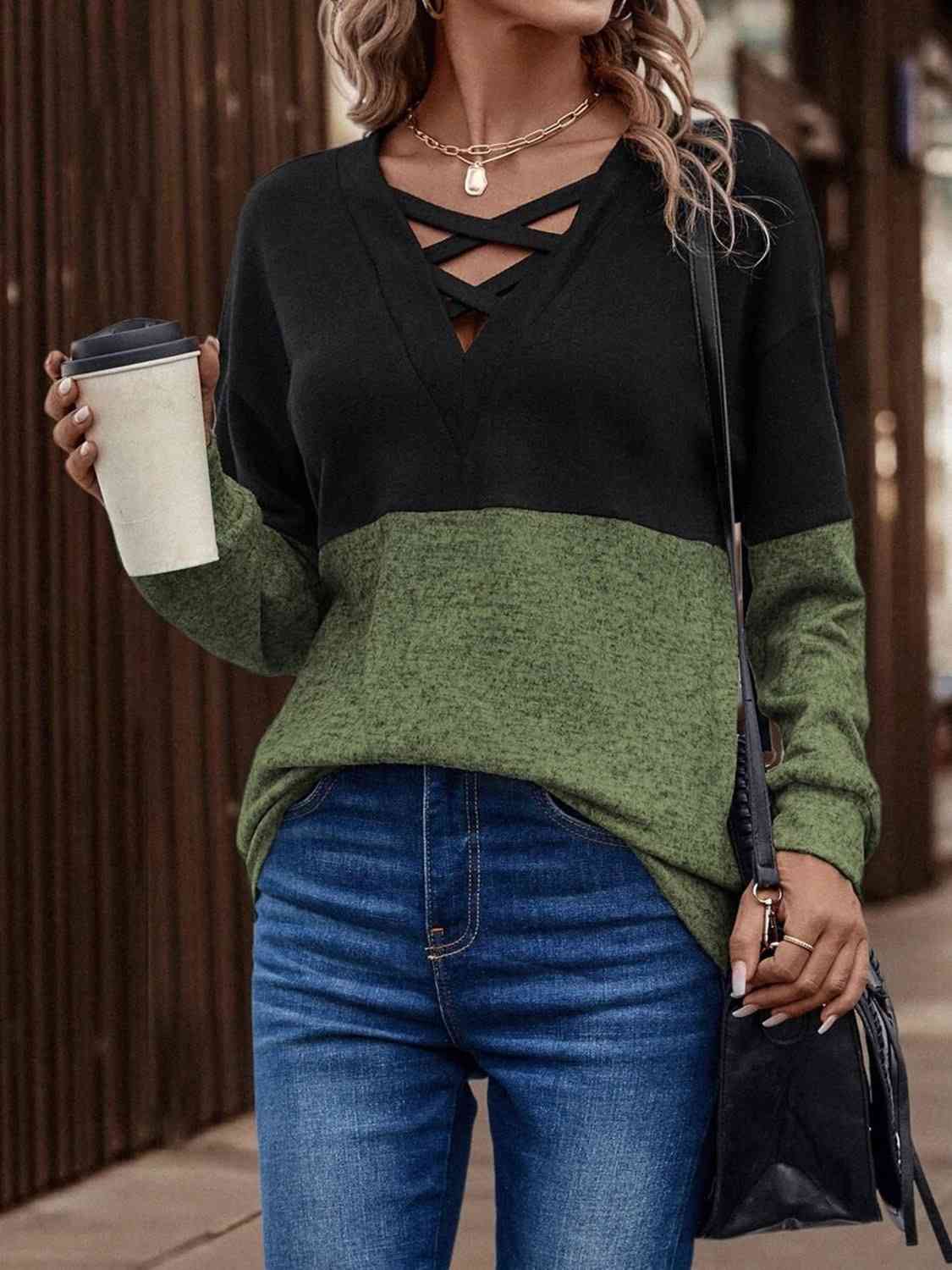 Two - Tone Crisscross Detail Sweatshirt - Sweatshirt - Matcha Green - Bella Bourget